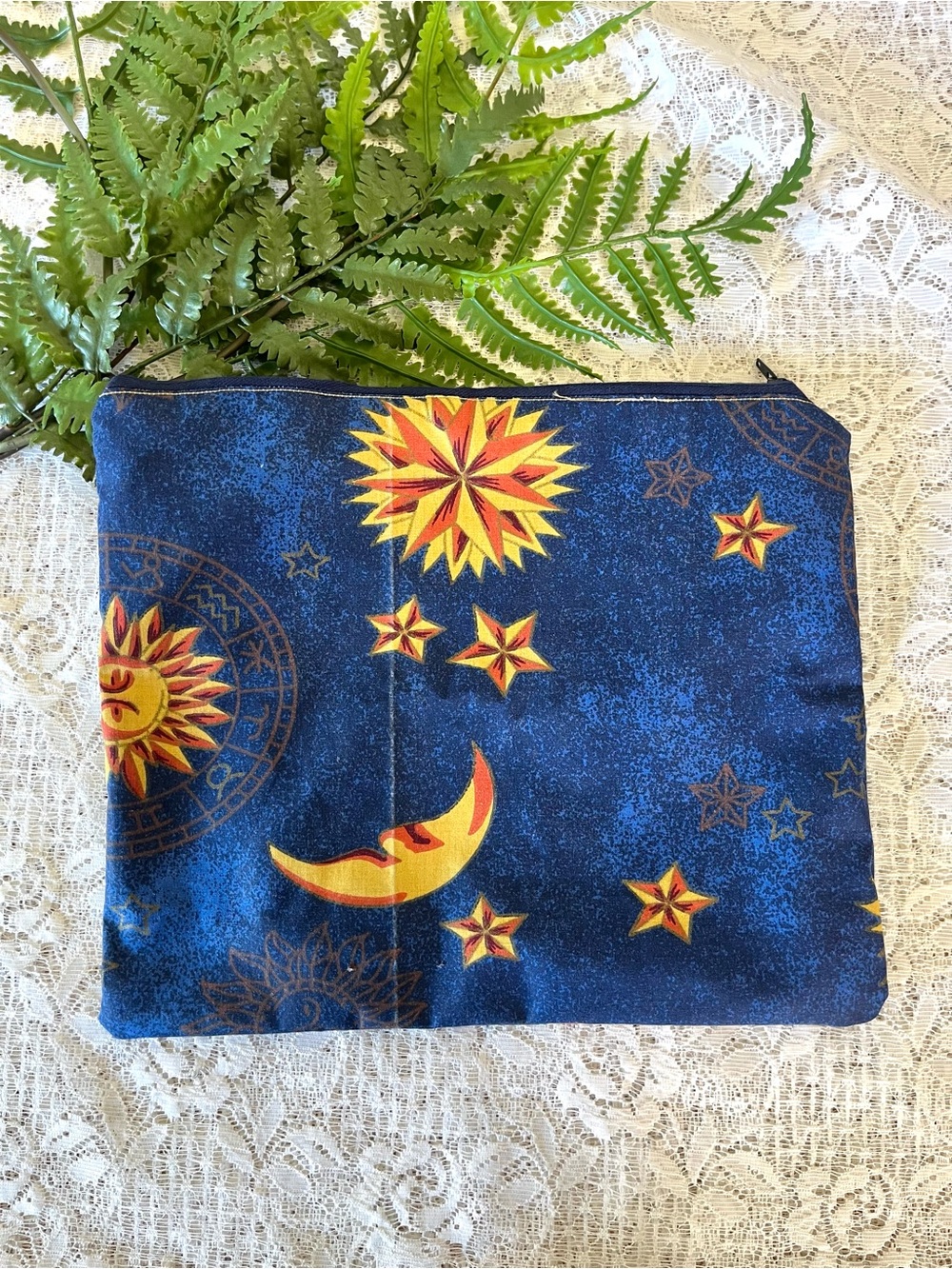 Vintage Handmade Celestial Zippered Pouch 11”x 9.5”